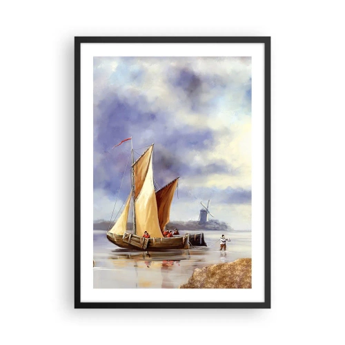Poster in einem schwarzem Rahmen - Ein Segelschiff am Ufer mit einer Windmühle im Hintergrund - 50x70cm - Die Rückkehr der Seeleute - Moderne Wanddekoration für Wohnzimmer und Schlafzimmer ARTTOR