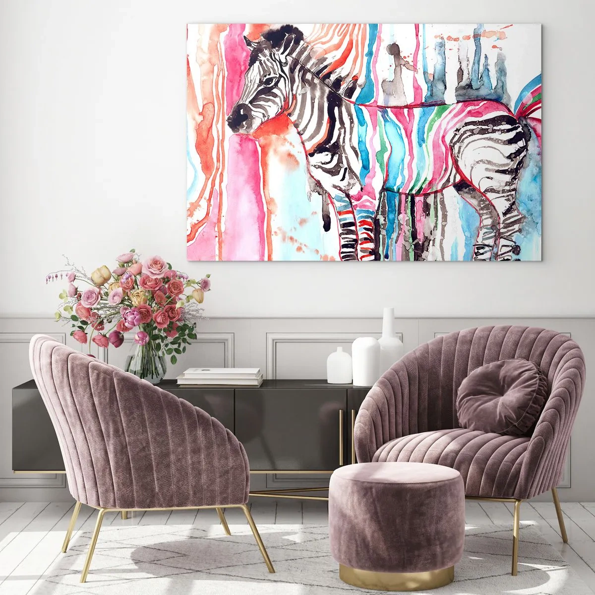 Glasbild - Bild auf glas - Buntes Zebra im Aquarellstil - 70x50cm - Unbeschwerter Witz der Natur - Moderne Wanddekoration für Wohnzimmer und Schlafzimmer ARTTOR