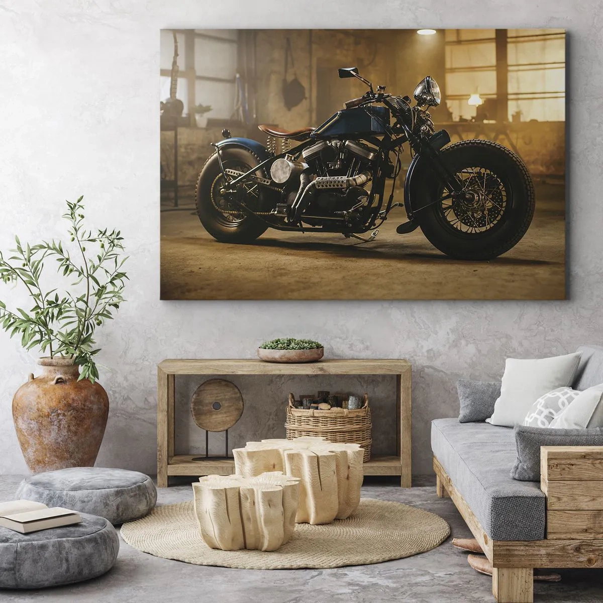 Bild auf Leinwand - Leinwandbild - Ein stylisches Motorrad in einem industriellen Interieur mit warmer Beleuchtung - 120x80cm - Ich kann alles - Moderne Wanddekoration für Wohnzimmer und Schlafzimmer ARTTOR