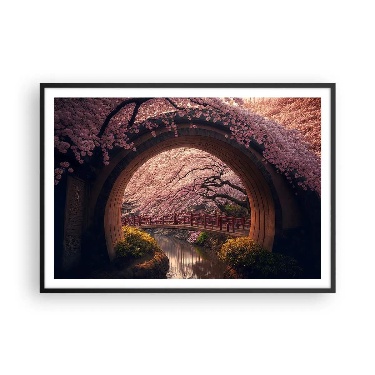Poster in einem schwarzem Rahmen - Eine traditionelle japanische Brücke, umgeben von Kirschblüten - 100x70cm - Japanischer Frühling - Moderne Wanddekoration für Wohnzimmer und Schlafzimmer ARTTOR
