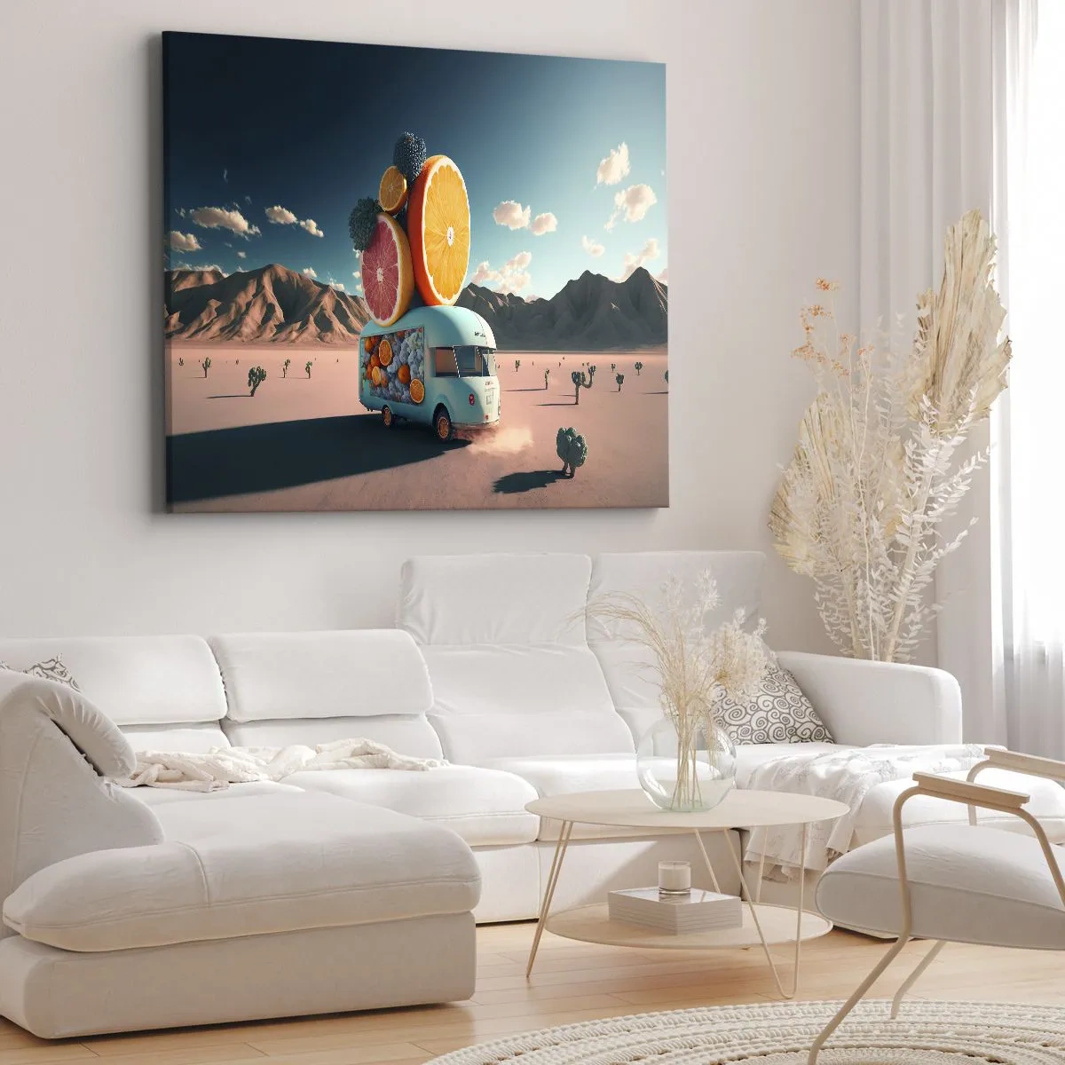 Bild auf Leinwand - Leinwandbild - Obstwagen in einer Wüstenlandschaft - 100x70cm - Geschmack von Urlaub - Moderne Wanddekoration für Wohnzimmer und Schlafzimmer ARTTOR
