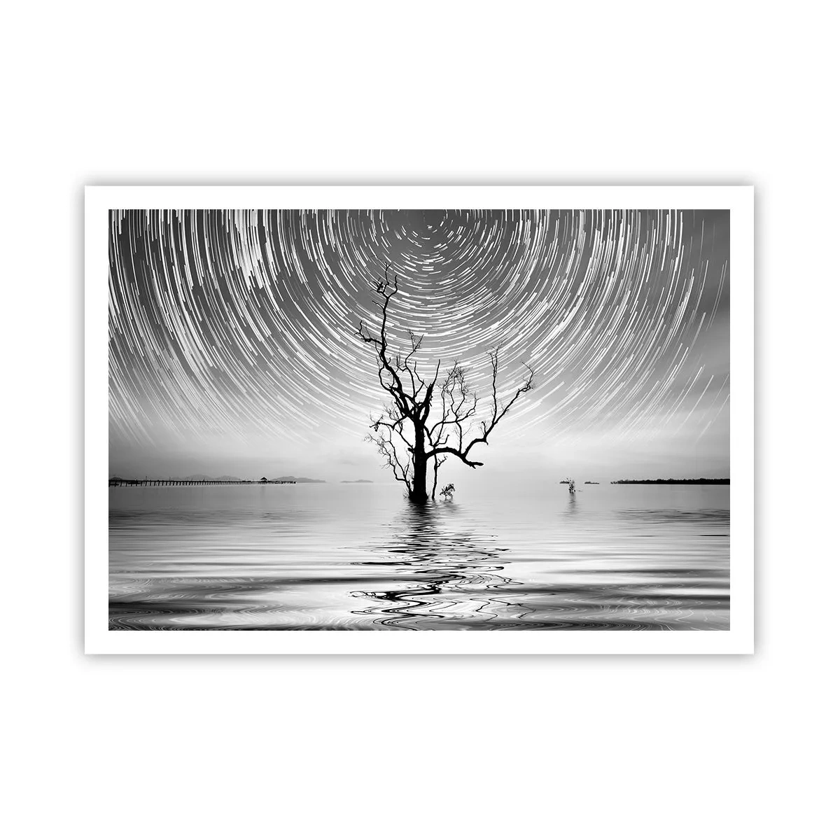 Poster - Ein Baum im Wasser unter einem Nachthimmel mit sich bewegenden Sternen - 100x70cm - Eine Sinfonie der Natur - Moderne Wanddekoration für Wohnzimmer und Schlafzimmer ARTTOR