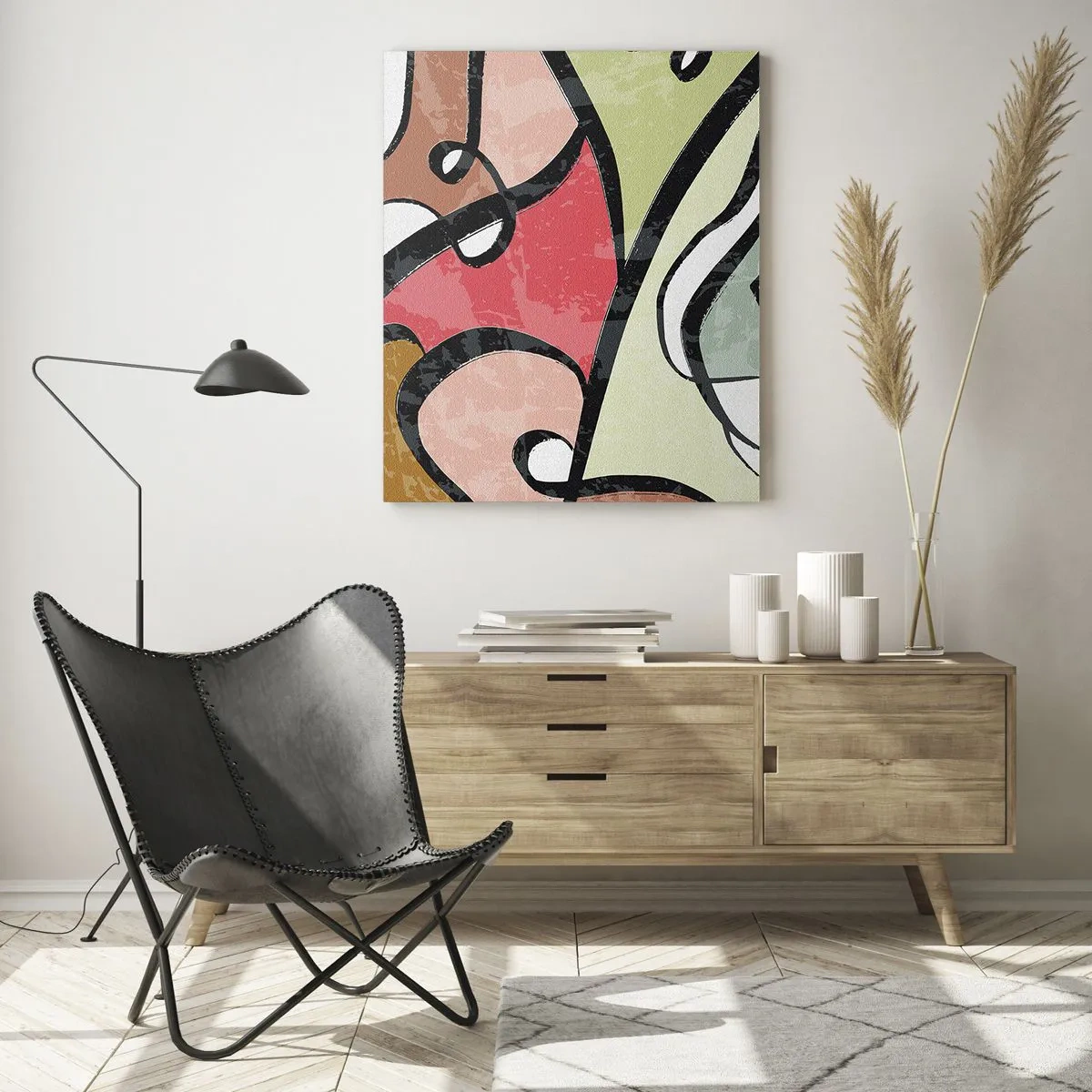 Glasbild - Bild auf glas - Bunte abstrakte Formen mit schwarzen Linien - 70x100cm - Pirouetten unter Farben - Moderne Wanddekoration für Wohnzimmer und Schlafzimmer ARTTOR