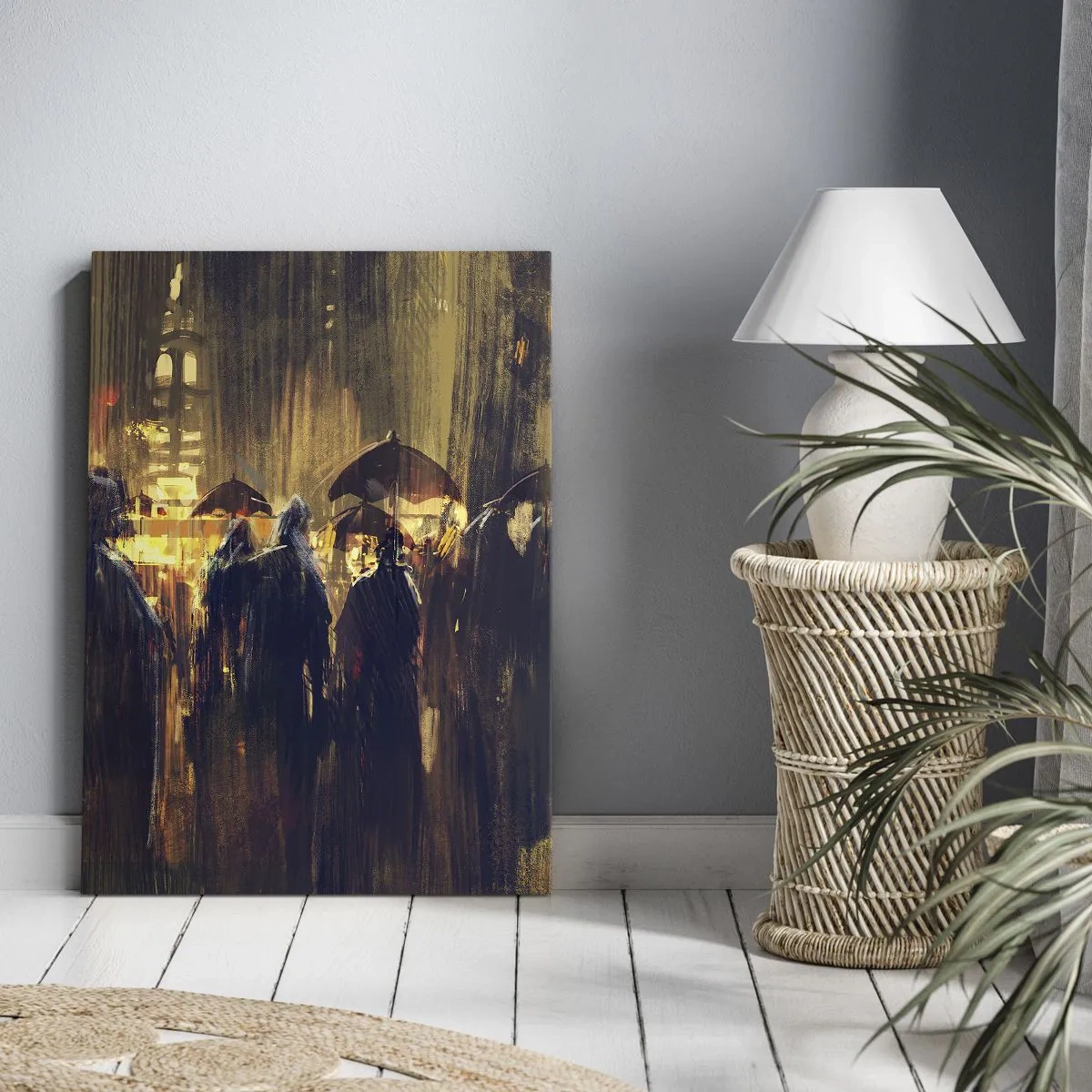 Bild auf Leinwand - Leinwandbild - Figuren mit Regenschirmen in einer verregneten Stadt bei Nacht - 70x100cm - Anhänger des Regens - Moderne Wanddekoration für Wohnzimmer und Schlafzimmer ARTTOR