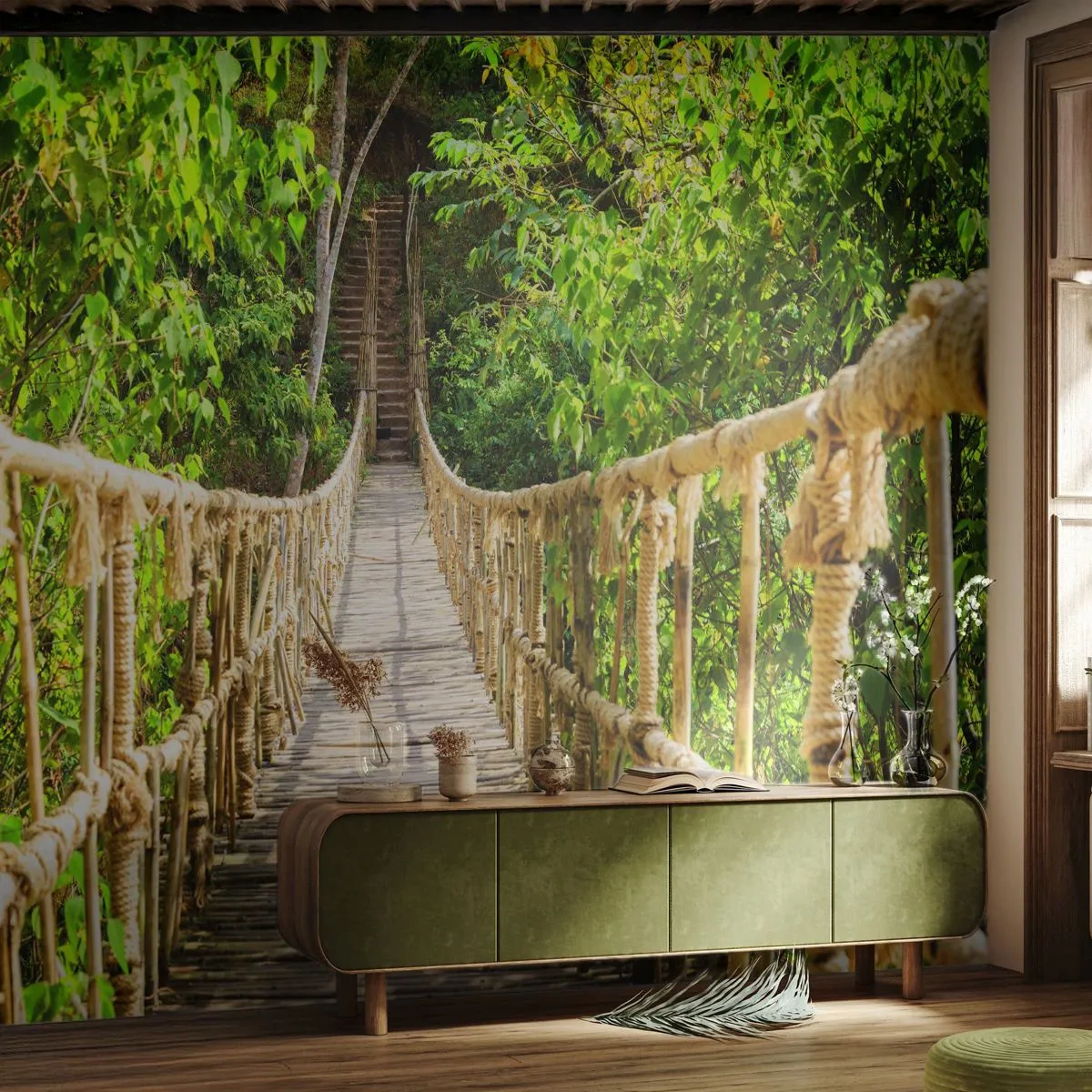 Selbstklebende Fototapete Deluxe Sticker - Im Grünen ausgesetzt - Dschungel, Hängebrücke, Natur - 500x350 cm