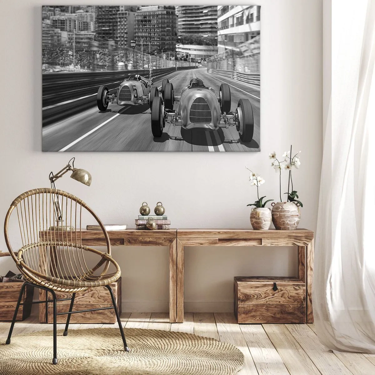 Bild auf Leinwand - Leinwandbild - Monochrome Retro-Autorennen-Szene - 100x70cm - Vor langer Zeit in Monte Carlo - Moderne Wanddekoration für Wohnzimmer und Schlafzimmer ARTTOR