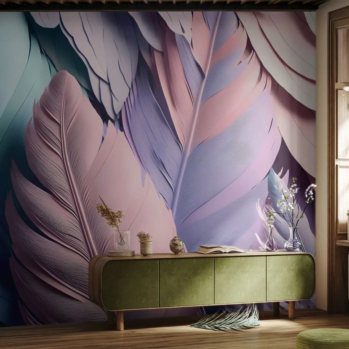 Selbstklebende Fototapete Deluxe Sticker - Vogel-Chic - Pastell, Gefieder, Leichtigkeit - 200x140 cm