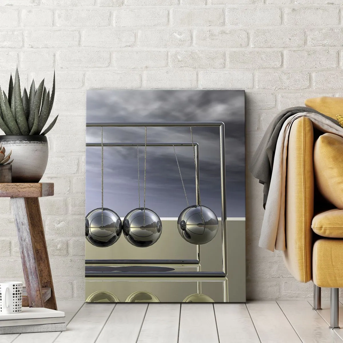 Bild auf Leinwand - Leinwandbild - Newtons Kugeln in minimalistischem Ambiente mit Lichtreflexen - 80x120cm - Die Energie der Welt - Moderne Wanddekoration für Wohnzimmer und Schlafzimmer ARTTOR