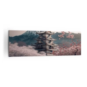 Bild auf Leinwand - Leinwandbild - Ein japanischer Tempel, umgeben von Kirschblüten und Bergen - 160x50cm - Land der Kirschblüten - Moderne Wanddekoration für Wohnzimmer und Schlafzimmer ARTTOR