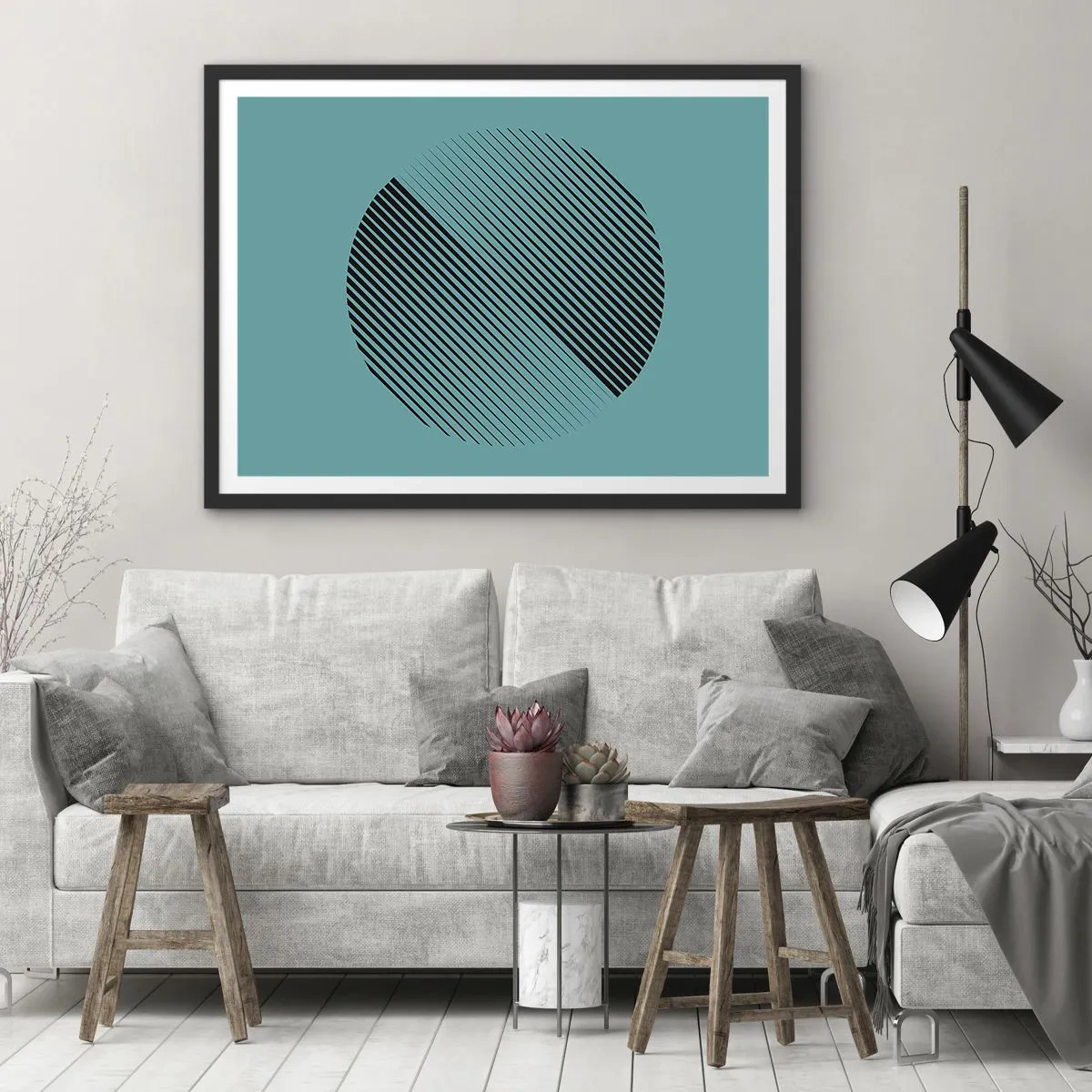 Poster in einem schwarzem Rahmen - Ein minimalistischer Kreis mit Linien auf türkisfarbenem Hintergrund. - 100x70cm - Kreis – eine geometrische Variante - Moderne Wanddekoration für Wohnzimmer und Schlafzimmer ARTTOR