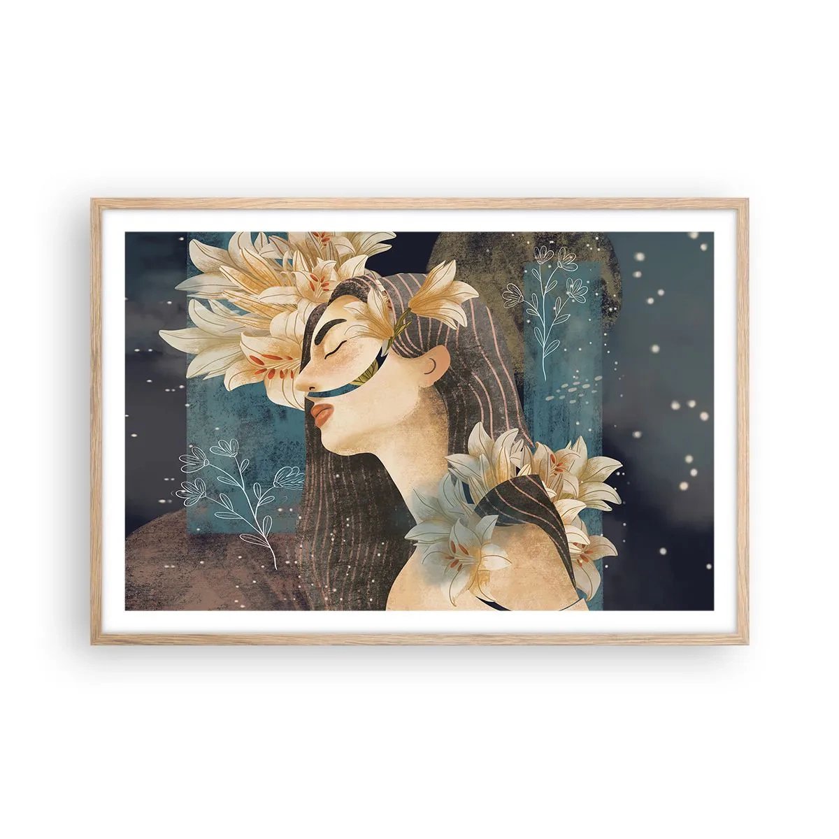 Poster in einem Rahmen aus heller Eiche - Ein Märchen über eine Prinzessin mit Lilien - 91x61 cm