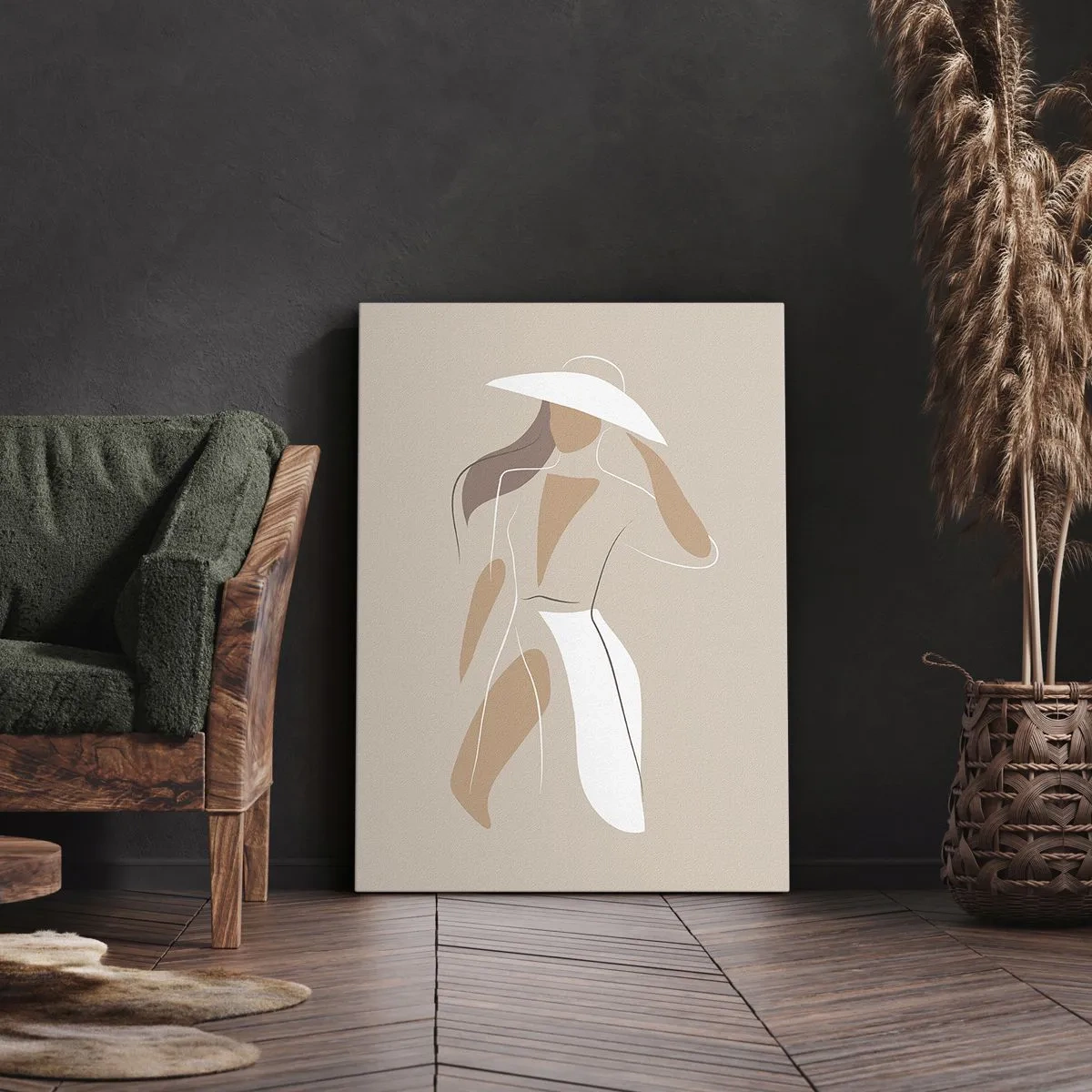 Bild auf Leinwand - Leinwandbild - Eine minimalistische Zeichnung einer Frau mit Hut auf beigem Hintergrund. - 50x70cm - Mode macht Spaß - Moderne Wanddekoration für Wohnzimmer und Schlafzimmer ARTTOR