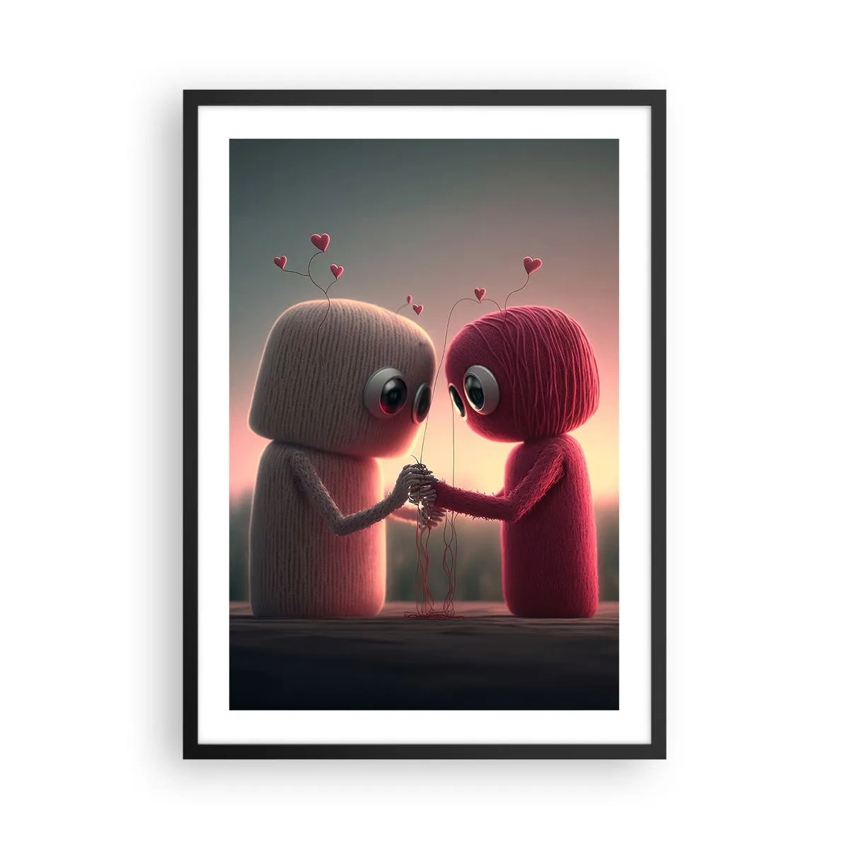 Poster in einem schwarzem Rahmen - Entzückende Garnfiguren halten Händchen - 50x70cm - Jeder darf lieben - Moderne Wanddekoration für Wohnzimmer und Schlafzimmer ARTTOR