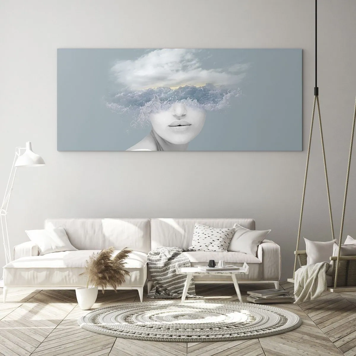 Glasbild - Bild auf glas - Porträt einer Frau, deren Gesicht hinter Wolken und Wellen verborgen ist - 120x50cm - Mit dem Kopf in den Wolken - Moderne Wanddekoration für Wohnzimmer und Schlafzimmer ARTTOR