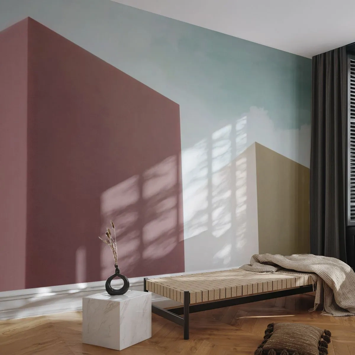 Fototapete Premium Sand - Minimalistische geometrische Formen vor dem Sommerhimmel - 100x70cm - Geometrie des sonnigen Sommers - Moderne Wanddekoration für Wohnzimmer und Schlafzimmer ARTTOR