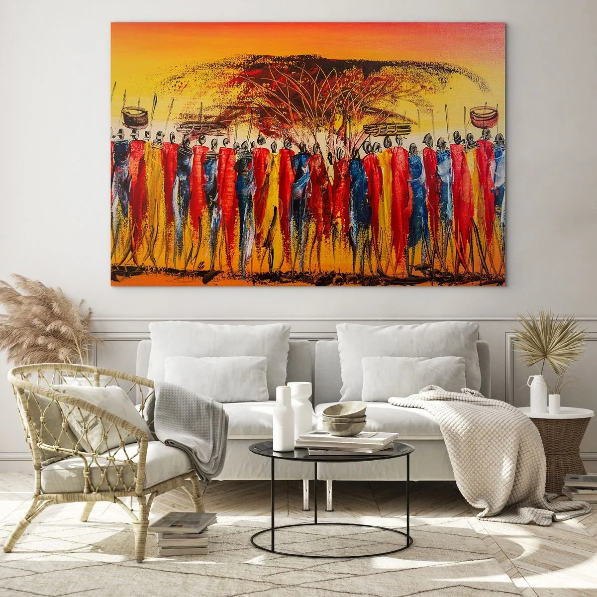 Glasbild - Bild auf glas - Eine farbenfrohe Szene mit Menschen in traditionellen afrikanischen Kostümen - 100x70cm - Dort, dort, dort gehen sie - Moderne Wanddekoration für Wohnzimmer und Schlafzimmer ARTTOR