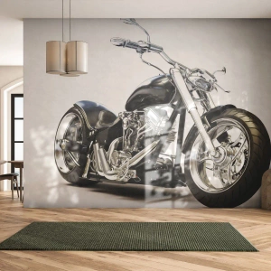 Fototapete Premium Sand - Schwarzes Custom-Motorrad auf hellem Hintergrund mit Chromdetails - 100x70cm - Stärke mit Charakter - Moderne Wanddekoration für Wohnzimmer und Schlafzimmer ARTTOR