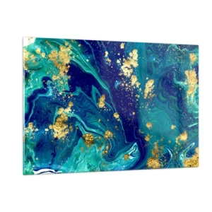 Glasbild - Bild auf glas - Ein abstraktes Muster in Türkis- und Marineblautönen mit goldenen Akzenten - 120x80cm - Die Blütenblätter der Sonne - Moderne Wanddekoration für Wohnzimmer und Schlafzimmer ARTTOR