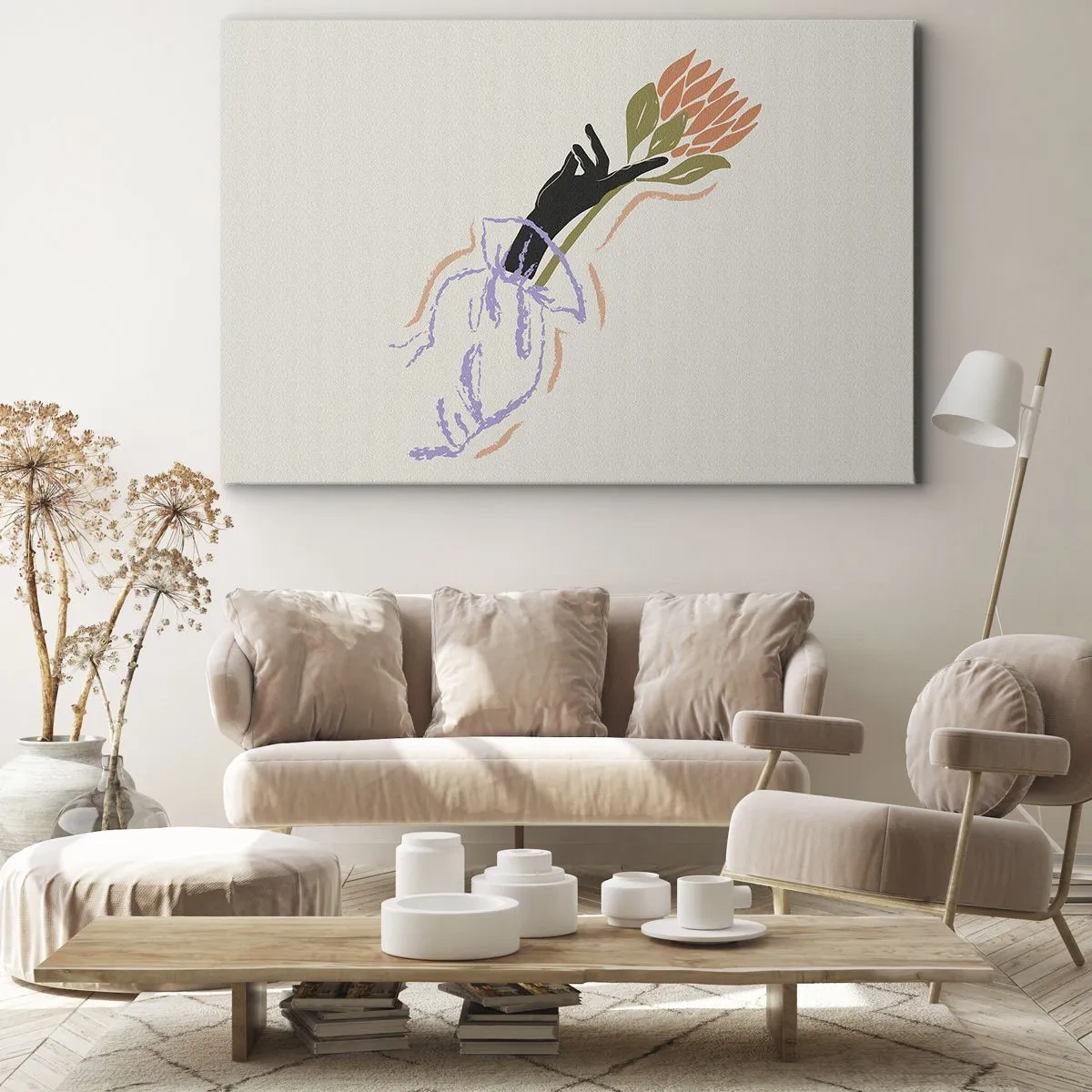 Bild auf Leinwand - Leinwandbild - Ein minimalistischer Blumenstrauß im zarten Stil - 100x70cm - Schwesterliche Berührung - Moderne Wanddekoration für Wohnzimmer und Schlafzimmer ARTTOR