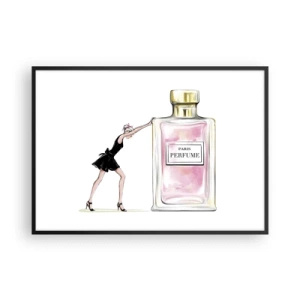 Poster in einem schwarzem Rahmen - Eine Frau in einem schwarzen Kleid neben einer Parfümflasche - 100x70cm - Essenz der Weiblichkeit - Moderne Wanddekoration für Wohnzimmer und Schlafzimmer ARTTOR
