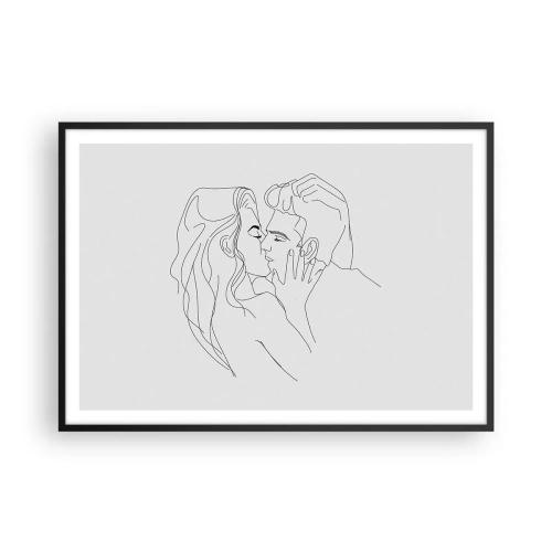 Poster in einem schwarzem Rahmen - Die Umrisse eines sich küssenden Paares auf hellem Hintergrund - 100x70cm - Dieselbe Linie - Moderne Wanddekoration für Wohnzimmer und Schlafzimmer ARTTOR