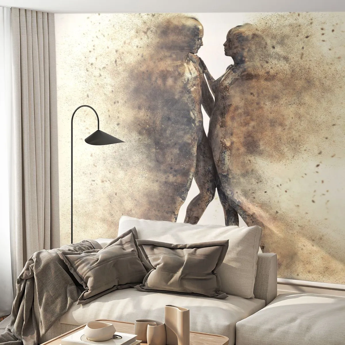 Fototapete Premium Sand - Silhouetten von Figuren lösen sich in Staub auf - 100x70cm - Sie erhoben sich aus dem Staub, um zu lieben - Moderne Wanddekoration für Wohnzimmer und Schlafzimmer ARTTOR