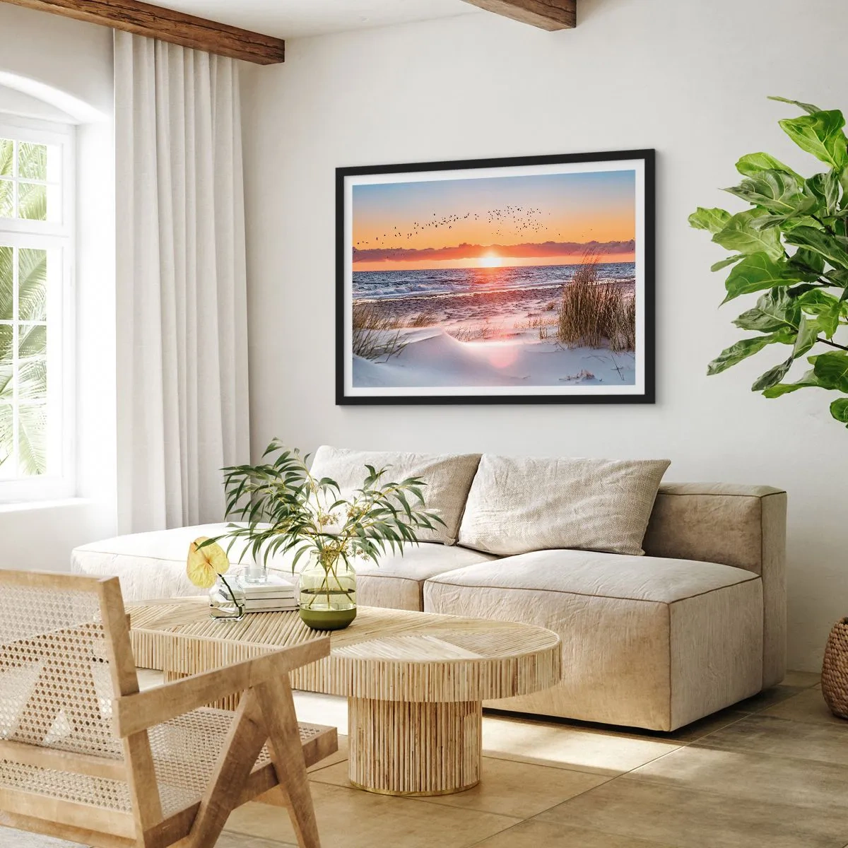Poster in einem schwarzem Rahmen - Sonnenuntergang über dem Meer mit Blick auf die Dünen - 100x70cm - Horizontale Landschaft - Moderne Wanddekoration für Wohnzimmer und Schlafzimmer ARTTOR