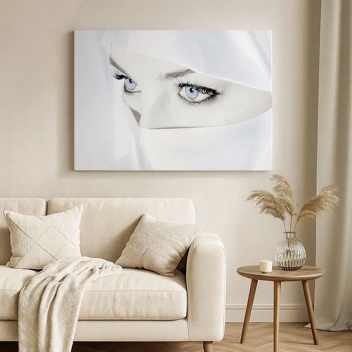 Bild auf Leinwand - Leinwandbild - Porträt einer Frau mit blauen Augen, versteckt hinter einem weißen Schleier - 70x50cm - Aus Tausendundeiner Nacht - Moderne Wanddekoration für Wohnzimmer und Schlafzimmer ARTTOR