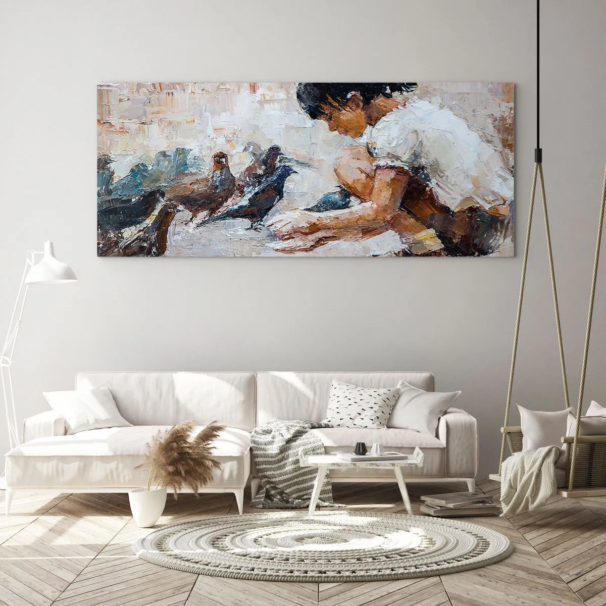 Glasbild - Bild auf glas - Ein Mädchen, das Vögel in einem malerischen Stil füttert - 140x50cm - Die Kleinen und die Schönsten - Moderne Wanddekoration für Wohnzimmer und Schlafzimmer ARTTOR