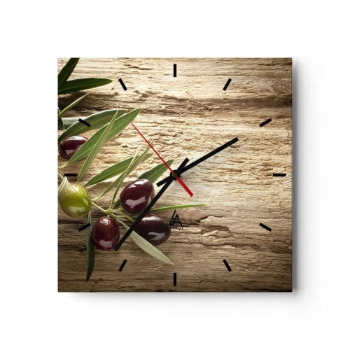 Wanduhr - Glasuhr - Olivenzweig mit Früchten auf einem Hintergrund aus gealtertem Holz - 30x30cm - Direkt aus der Natur - Moderne Wanddekoration für Wohnzimmer und Schlafzimmer ARTTOR