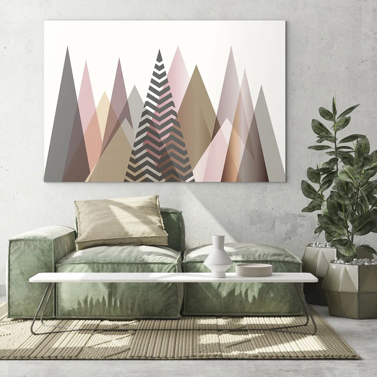 Glasbild - Bild auf glas - Geometrische Pastellberge mit zentralem Muster - 120x80cm - Pyramidale Aussicht - Moderne Wanddekoration für Wohnzimmer und Schlafzimmer ARTTOR