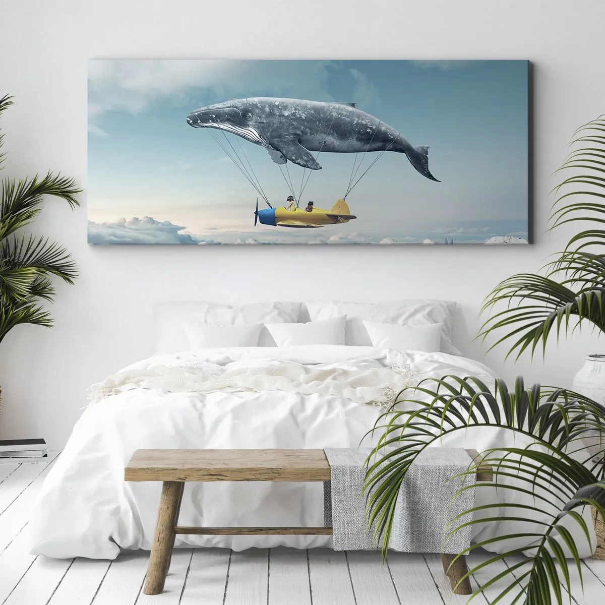 Bild auf Leinwand - Leinwandbild - Ein fliegender Wal trägt ein Flugzeug in einer surrealen Umgebung. - 160x50cm - Warum nicht? - Moderne Wanddekoration für Wohnzimmer und Schlafzimmer ARTTOR