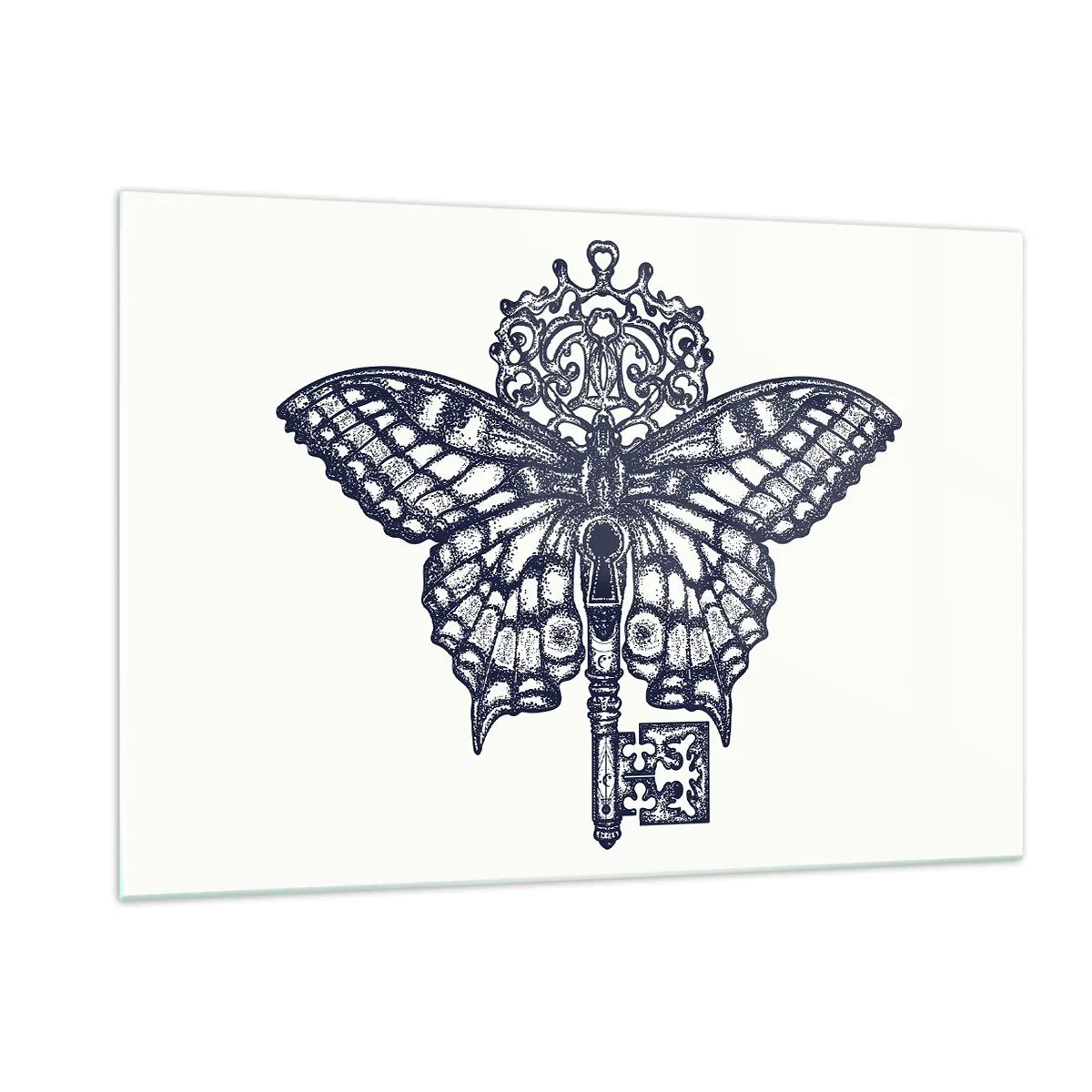 Glasbild - Bild auf glas - Abbildung eines Schmetterlings mit einem Schlüssel in der Mitte - 120x80cm - Alle Geheimnisse des Herzens - Moderne Wanddekoration für Wohnzimmer und Schlafzimmer ARTTOR