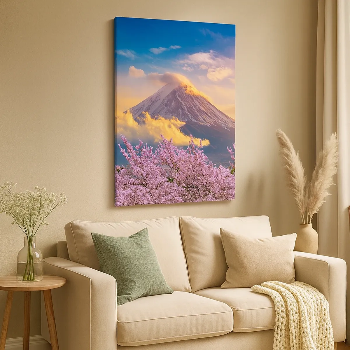 Bild auf Leinwand - Leinwandbild - Mount Fuji mit Kirschblüten im Hintergrund bei Sonnenuntergang - 50x70cm - Japanische Heiligkeit - Moderne Wanddekoration für Wohnzimmer und Schlafzimmer ARTTOR