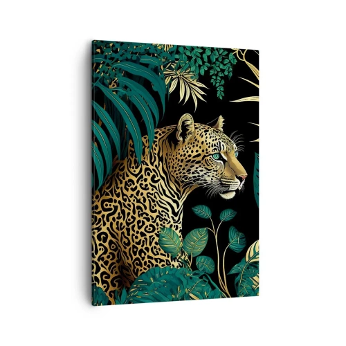 Bild auf Leinwand - Leinwandbild - Leopard in tropischen Blättern auf schwarzem Hintergrund - 50x70cm - Gastgeber im Dschungel - Moderne Wanddekoration für Wohnzimmer und Schlafzimmer ARTTOR