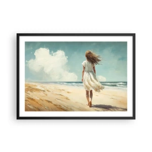 Poster in einem schwarzem Rahmen - Eine Frau in einem weißen Kleid geht an einem sonnigen Tag am Strand spazieren - 70x50cm - Der Sonne und dem Wind begegnen - Moderne Wanddekoration für Wohnzimmer und Schlafzimmer ARTTOR