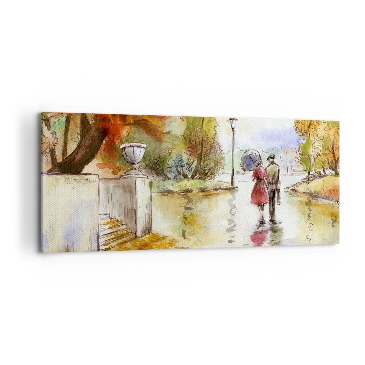 Bild auf Leinwand - Leinwandbild - Ein Spaziergang im Herbstpark mit einem Regenschirm - 120x50cm - Romantischer Herbst im Park - Moderne Wanddekoration für Wohnzimmer und Schlafzimmer ARTTOR