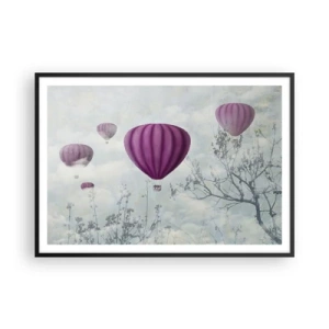 Poster in einem schwarzem Rahmen - Lila Ballons schweben über den Bäumen in den Wolken - 100x70cm - Wie Schiffe am Himmel - Moderne Wanddekoration für Wohnzimmer und Schlafzimmer ARTTOR