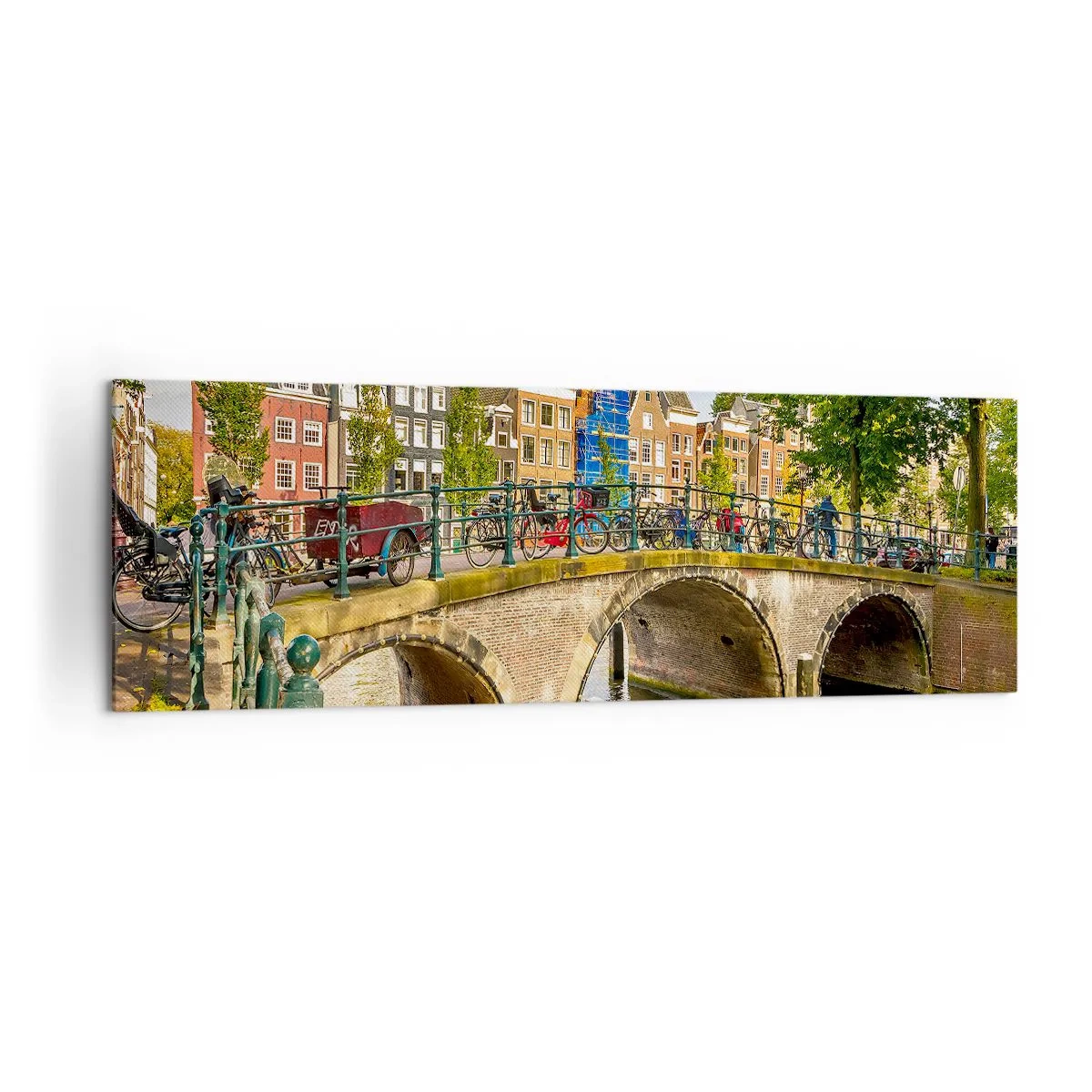 Bild auf Leinwand - Leinwandbild - Ein malerischer Kanal mit einer Brücke in Amsterdam - 160x50cm - Frühling am Kanal - Moderne Wanddekoration für Wohnzimmer und Schlafzimmer ARTTOR