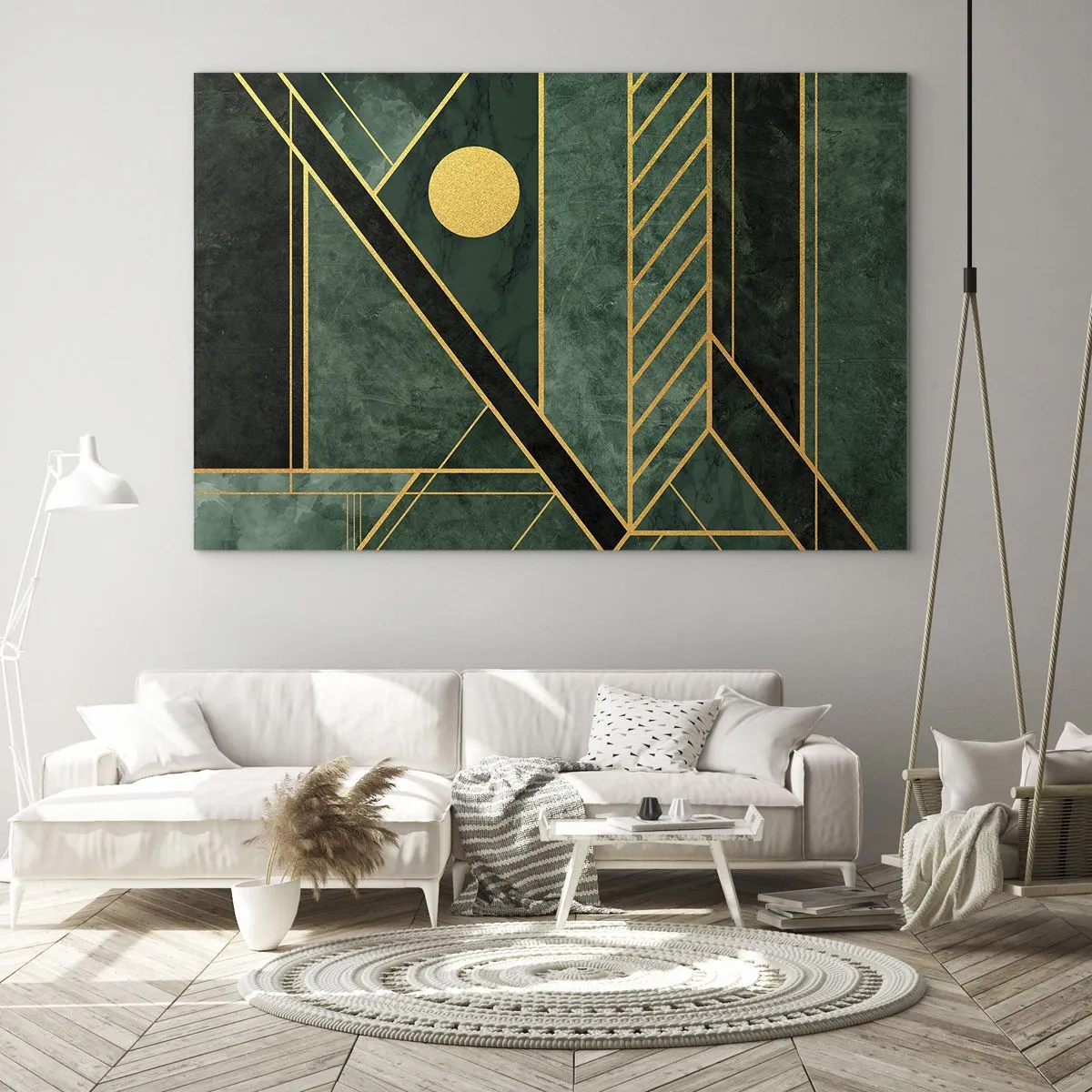 Glasbild - Bild auf glas - Grüne und goldene geometrische Abstraktion im Art-Deco-Stil - 70x50cm - Dynamik von Gold und Azurblau - Moderne Wanddekoration für Wohnzimmer und Schlafzimmer ARTTOR