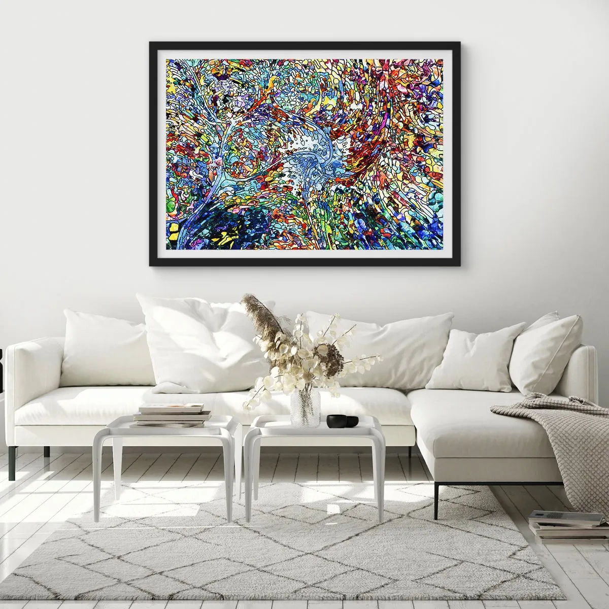 Poster in einem schwarzem Rahmen - Ein farbenfrohes, abstraktes Muster, inspiriert von der Natur - 100x70cm - Glasmalerei Wassertropfen - Moderne Wanddekoration für Wohnzimmer und Schlafzimmer ARTTOR