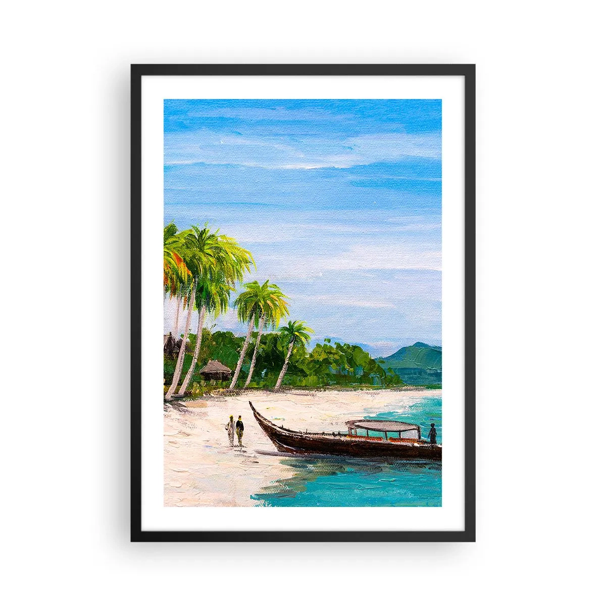 Poster in einem schwarzem Rahmen - Tropischer Strand mit Palmen und einem Boot am Ufer - 50x70cm - Exotischer Traum - Moderne Wanddekoration für Wohnzimmer und Schlafzimmer ARTTOR