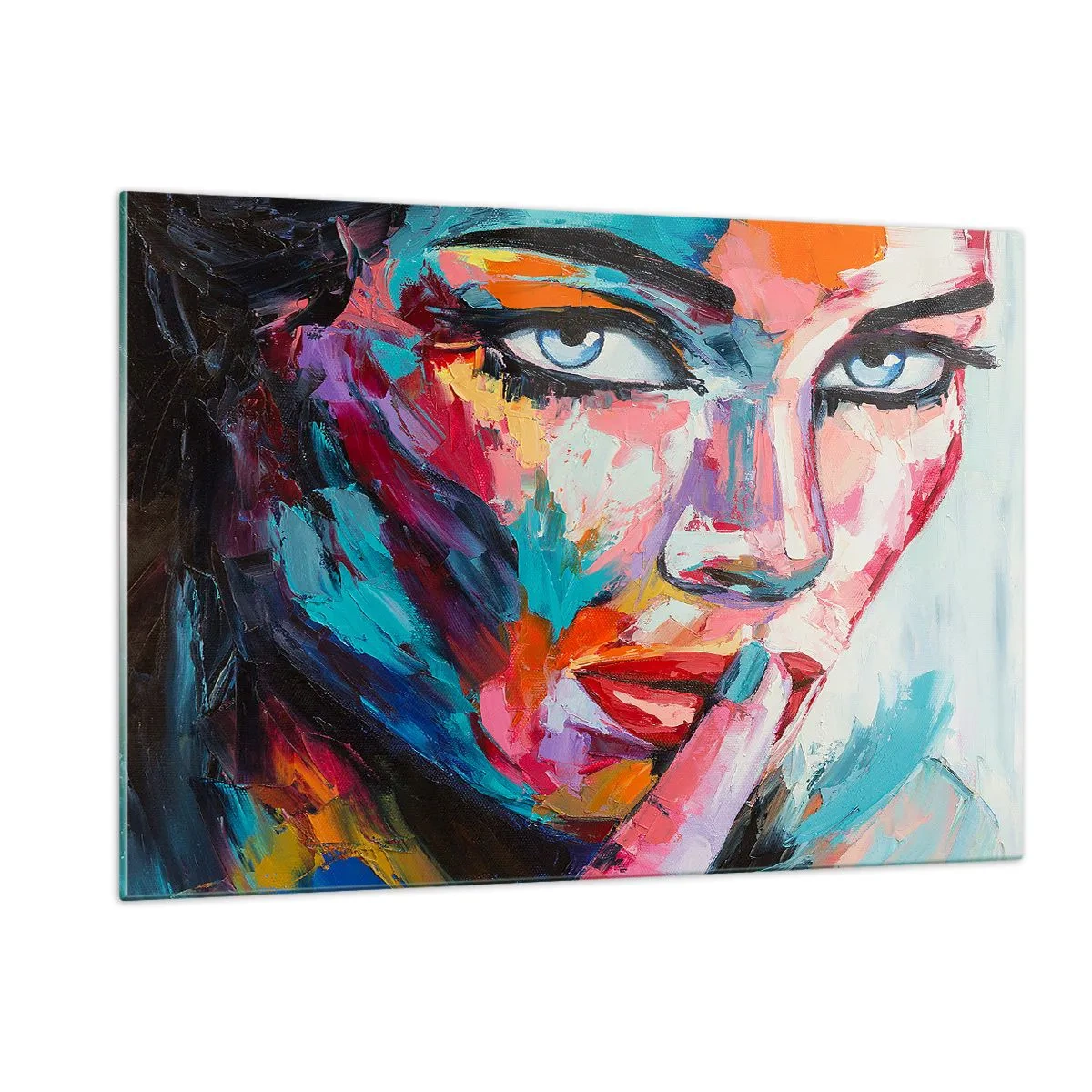 Glasbild - Bild auf glas - Farbenfrohes Porträt einer Frau im abstrakten Stil - 120x80cm - Unser erstes Geheimnis - Moderne Wanddekoration für Wohnzimmer und Schlafzimmer ARTTOR