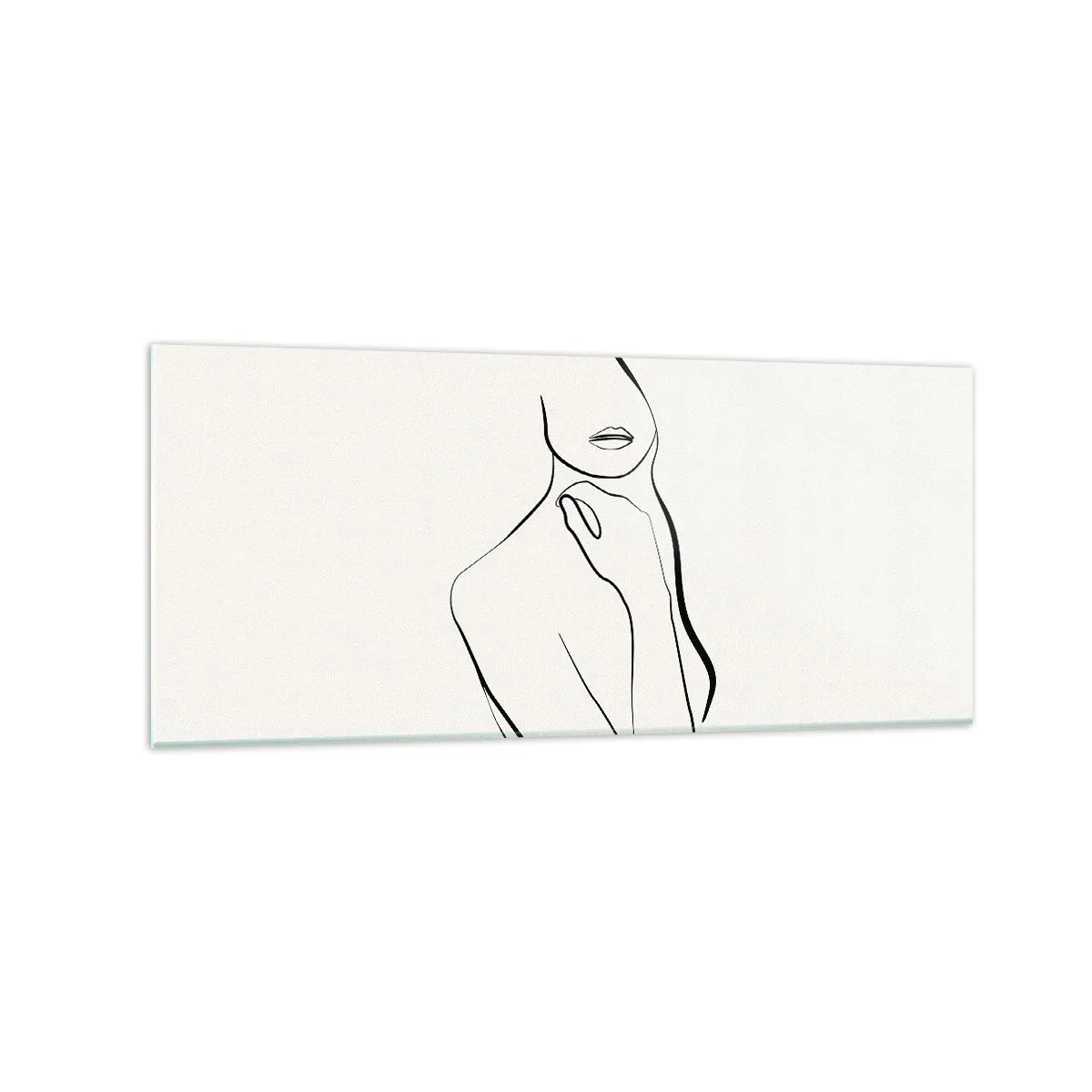 Glasbild - Bild auf glas - Eine minimalistische Skizze der Silhouette einer Frau vor hellem Hintergrund. - 120x50cm - Eine Welle der Melancholie - Moderne Wanddekoration für Wohnzimmer und Schlafzimmer ARTTOR