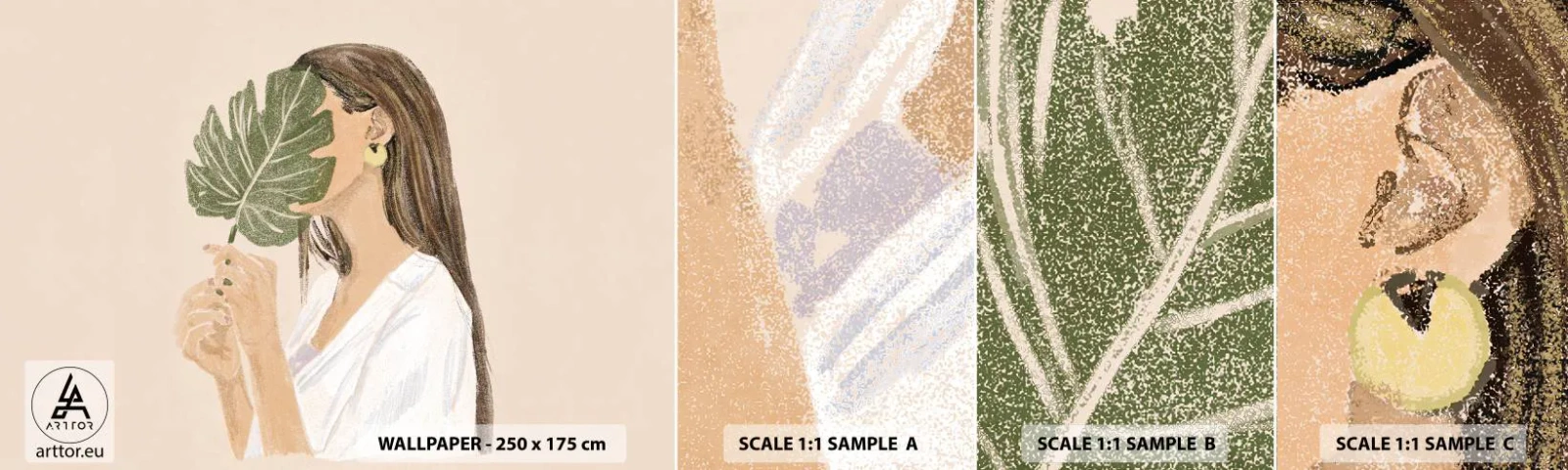 Fototapetenmuster Standard Eco - Geheimnisvolles Porträt mit Fächer - Blatt, Frau, Boho - 100x30 cm