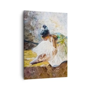 Bild auf Leinwand - Leinwandbild - Eine Ballerina in einem weißen Kleid im malerischen Stil vor einem impressionistischen Hintergrund. - 50x70cm - Aus einem Gemälde von Degas - Moderne Wanddekoration für Wohnzimmer und Schlafzimmer ARTTOR