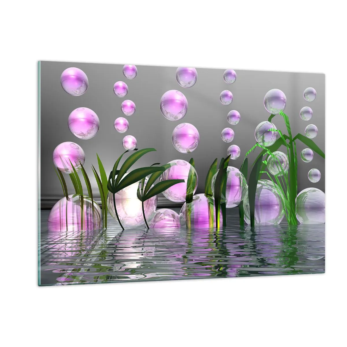 Glasbild - Bild auf glas - Lila Blasen schweben über dem Wasser mit Pflanzen - 120x80cm - Eine reflektierende Komposition aus Leichtigkeit und Leben - Moderne Wanddekoration für Wohnzimmer und Schlafzimmer ARTTOR