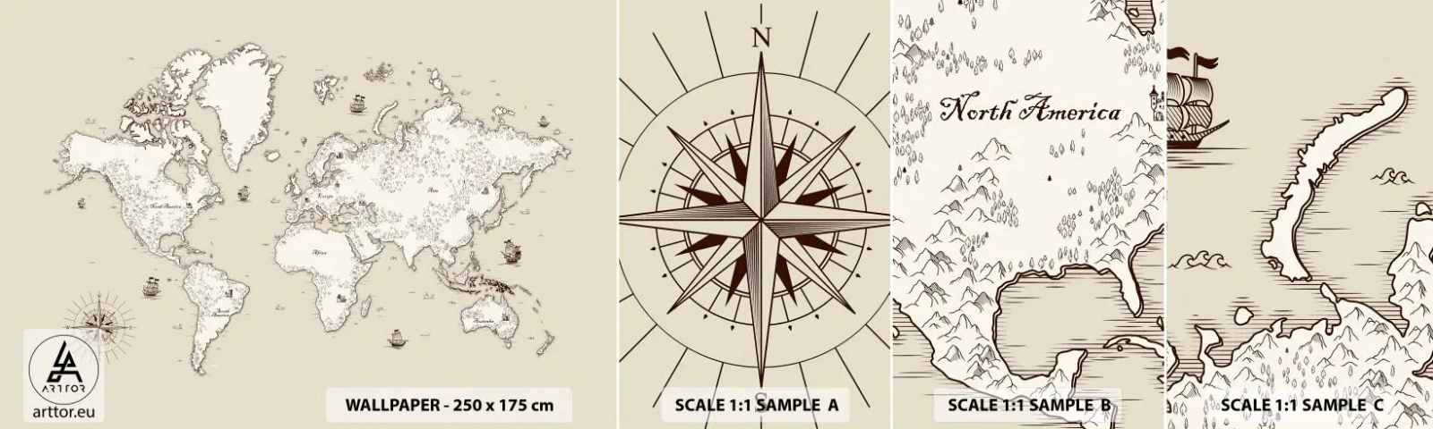 Fototapetenmuster Standard Eco - Reise um die Welt - Weltkarte, Kontinente, Piratenschiff - 100x30 cm
