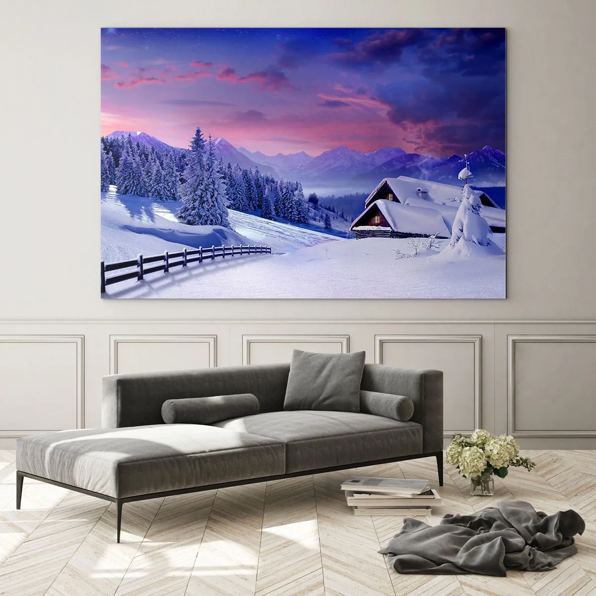 Glasbild - Bild auf glas - Winterlandschaft mit Hütte und schneebedeckten Bergen - 100x70cm - Stille Nacht - Moderne Wanddekoration für Wohnzimmer und Schlafzimmer ARTTOR