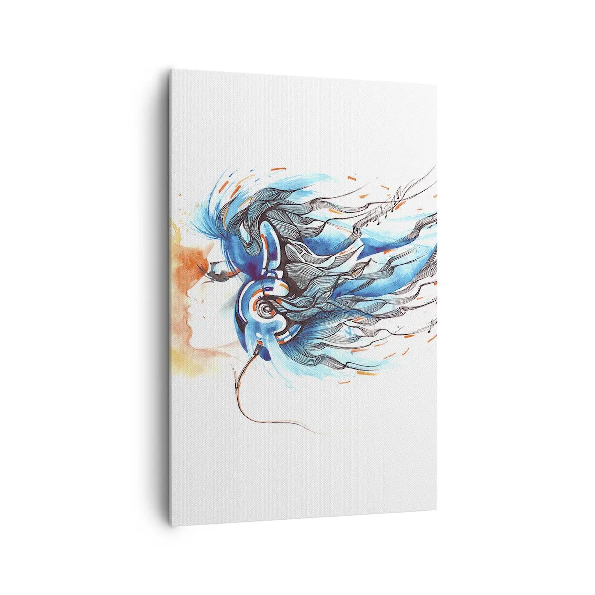 Bild auf Leinwand - Leinwandbild - Künstlerische Grafik einer Frau mit Kopfhörern und musikalischen Akzenten - 80x120cm - Lass die Musik spielen - Moderne Wanddekoration für Wohnzimmer und Schlafzimmer ARTTOR